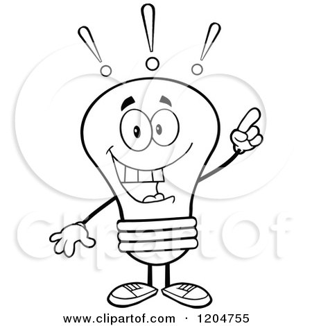 Cartoon of a Smart Black and White Light Bulb Mascot with an Idea - Royalty Free Vector Clipart by Hit Toon