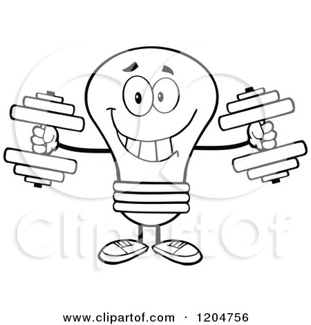 Cartoon of a Happy Black and White Light Bulb Mascot Lifting Dumbbell Weights - Royalty Free Vector Clipart by Hit Toon