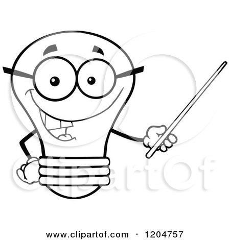 Cartoon of a Happy Black and White Light Bulb Mascot Teacher Using a Pointer Stick 2 - Royalty Free Vector Clipart by Hit Toon