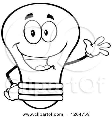 Cartoon of a Happy Black and White Light Bulb Mascot Waving - Royalty Free Vector Clipart by Hit Toon
