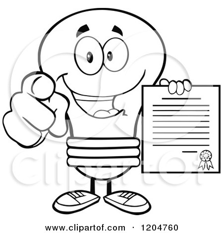 Cartoon of a Happy Black and White Light Bulb Mascot Pointing and Holding a Contract - Royalty Free Vector Clipart by Hit Toon