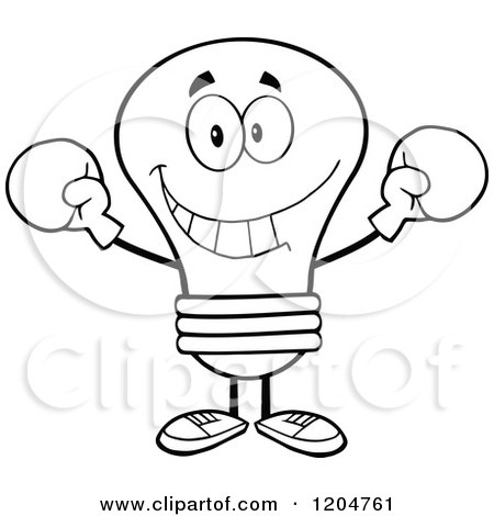 Cartoon of a Black and White Light Bulb Mascot Wearing Boxing Gloves - Royalty Free Vector Clipart by Hit Toon