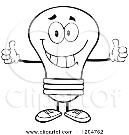Cartoon of a Happy Black and White Light Bulb Mascot Holding Two Thumbs up - Royalty Free Vector Clipart by Hit Toon