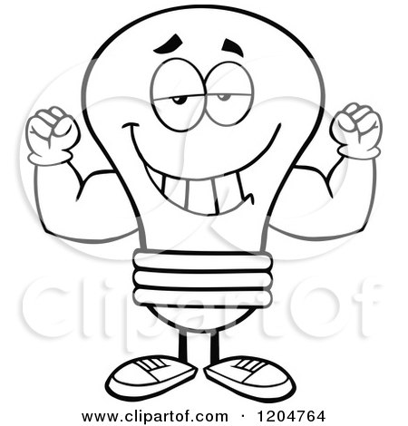 Cartoon of a Happy Black and White Light Bulb Mascot Flexing - Royalty Free Vector Clipart by Hit Toon