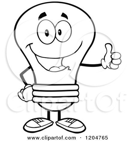 Cartoon of a Happy Black and White Light Bulb Mascot Holding a Thumb up - Royalty Free Vector Clipart by Hit Toon