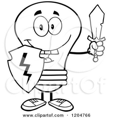 Cartoon of a Happy Black and White Light Bulb Mascot with a Sword and Shield - Royalty Free Vector Clipart by Hit Toon