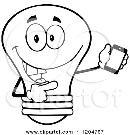 Cartoon of a Happy Black and White Light Bulb Mascot Pointing to a Tablet Computer 2 - Royalty Free Vector Clipart by Hit Toon