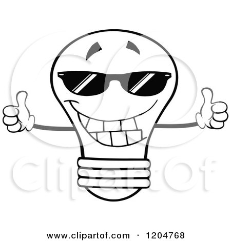 Cartoon of a Happy Black and White Light Bulb Mascot Holding Two Thumbs up and Wearing Shades - Royalty Free Vector Clipart by Hit Toon