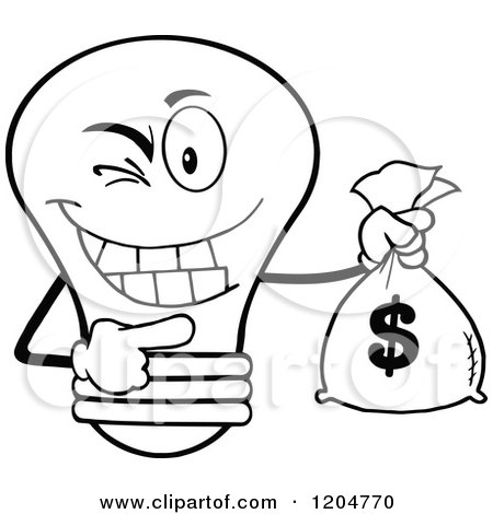 Cartoon of a Winking Black and White Light Bulb Mascot Holding a Money Sack - Royalty Free Vector Clipart by Hit Toon