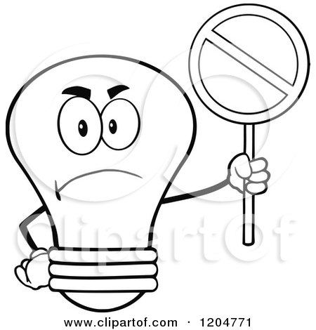 Cartoon of a Happy Black and White Light Bulb Mascot Holding a Prohibited Sign - Royalty Free Vector Clipart by Hit Toon
