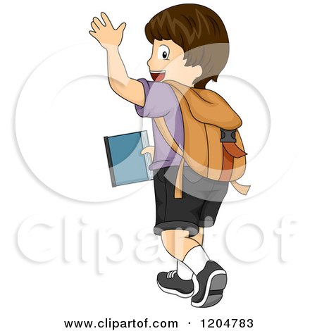 Cartoon of a Waving Brunette White School Boy Walking Away - Royalty Free Vector Clipart by BNP Design Studio