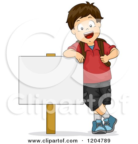 Cartoon of a Happy Brunette School Boy Leaning on a Sign Board - Royalty Free Vector Clipart by BNP Design Studio