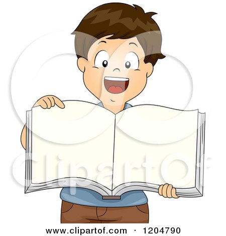 Cartoon of a Happy Brunette School Boy Pointing to a Blank Book - Royalty Free Vector Clipart by BNP Design Studio