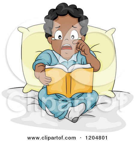 Cartoon of an Emotional Black Boy Crying and Reading a Book - Royalty Free Vector Clipart by BNP Design Studio