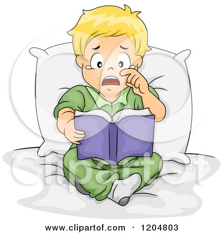 Cartoon of an Emotional Blond White Boy Crying and Reading a Book - Royalty Free Vector Clipart by BNP Design Studio
