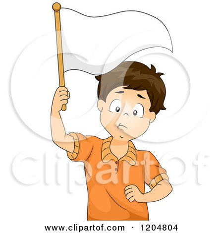 Cartoon of a Defeated Brunette White Boy Holding a White Flag - Royalty Free Vector Clipart by BNP Design Studio
