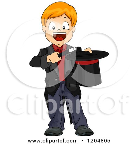 Cartoon of a Happy Red Haired White Magician Boy Holding a Wand and Top Hat - Royalty Free Vector Clipart by BNP Design Studio