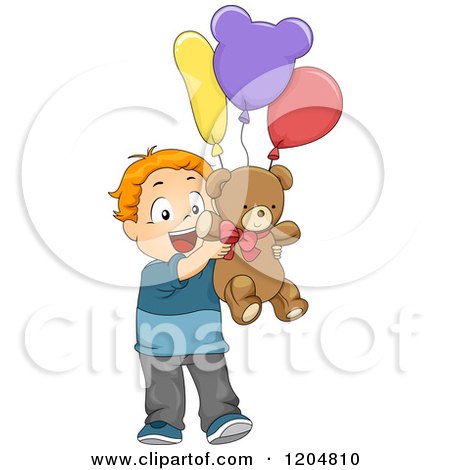 Cartoon of a Happy Red Haired White Boy Holding a Teddy Bear and Balloons - Royalty Free Vector Clipart by BNP Design Studio