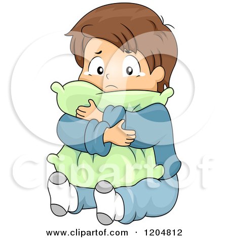 Cartoon of a Sad Brunette White Boy Crying and Hugging a Pillow - Royalty Free Vector Clipart by BNP Design Studio
