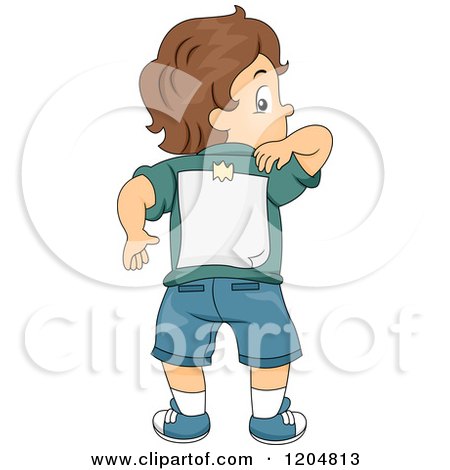 Cartoon of a Rear View of a Brunette White Boy Reaching for a Paper Taped on His Back - Royalty Free Vector Clipart by BNP Design Studio