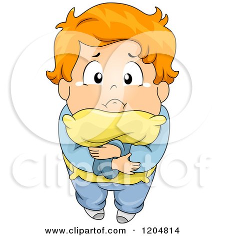 Cartoon of a Scared Red Haired Boy Hugging His Pillow and Looking up - Royalty Free Vector Clipart by BNP Design Studio