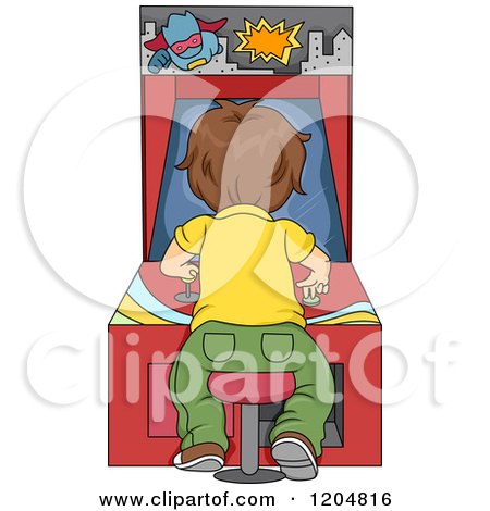 Cartoon of a Rear View of a Boy Playing an Arcade Game - Royalty Free Vector Clipart by BNP Design Studio