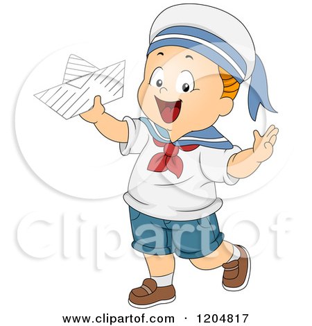 Cartoon of a Happy White Toddler Sailer Boy Holding a Paper Boat - Royalty Free Vector Clipart by BNP Design Studio