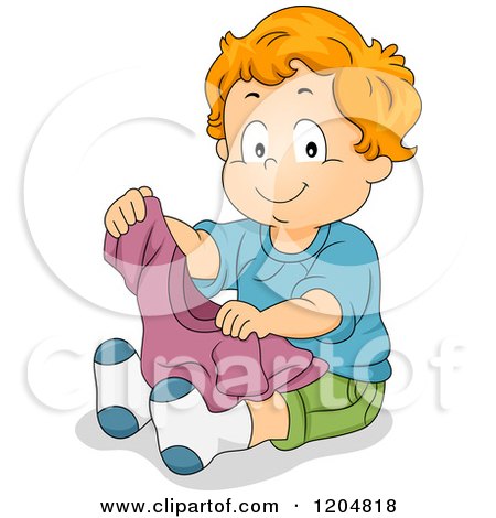 Cartoon of a Happy Red Haired White Boy Holding a Shirt - Royalty Free Vector Clipart by BNP Design Studio