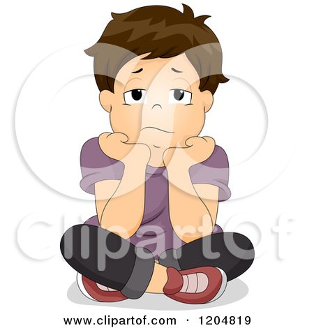 Cartoon of a Bored Brunette White Boy Resting His Chin in His Hands - Royalty Free Vector Clipart by BNP Design Studio