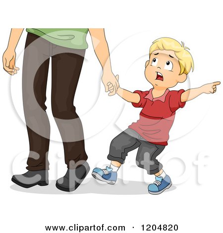 Cartoon of a Scared Blond White Boy Pulling on His Fathers Hand and Pointing - Royalty Free Vector Clipart by BNP Design Studio