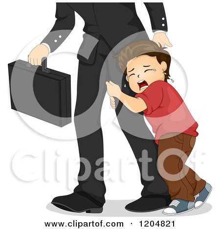 Cartoon of a Sad White Boy Hugging His Fathers Leg As He Tries to Leave for Work - Royalty Free Vector Clipart by BNP Design Studio