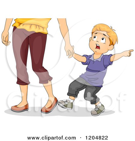 Cartoon of a Scared Red Haired White Boy Pulling on His Mothers Hand and Pointing - Royalty Free Vector Clipart by BNP Design Studio
