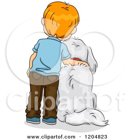 Cartoon of a Rear View of a Red Haired White Boy Standing by His Dog - Royalty Free Vector Clipart by BNP Design Studio