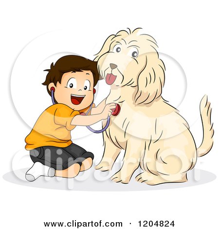 Cartoon of a Happy Brunette White Boy Pretending to Be a Veterinarian to His Dog - Royalty Free Vector Clipart by BNP Design Studio