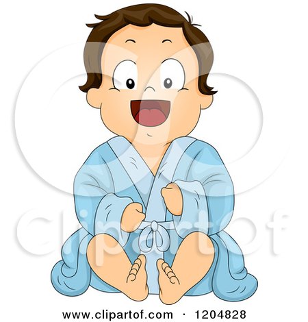Cartoon of a Happy Brunette Toddler Boy Sitting in a Robe - Royalty Free Vector Clipart by BNP Design Studio