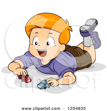 Cartoon of a Happy Red Haired White Boy Playing with Toy Cars - Royalty Free Vector Clipart by BNP Design Studio