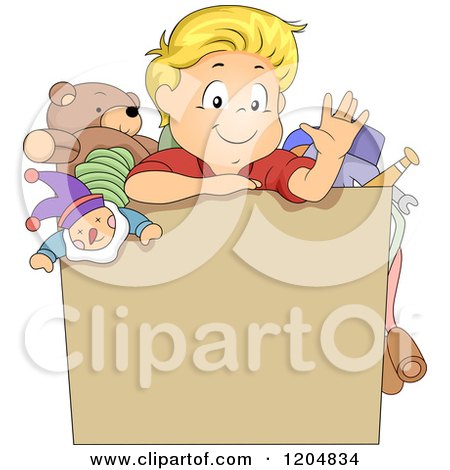 Cartoon of a Waving Blond White Boy in a Box with Toys - Royalty Free Vector Clipart by BNP Design Studio