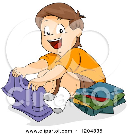 Cartoon of a Happy Brunette White Boy Folding Shirts - Royalty Free Vector Clipart by BNP Design Studio
