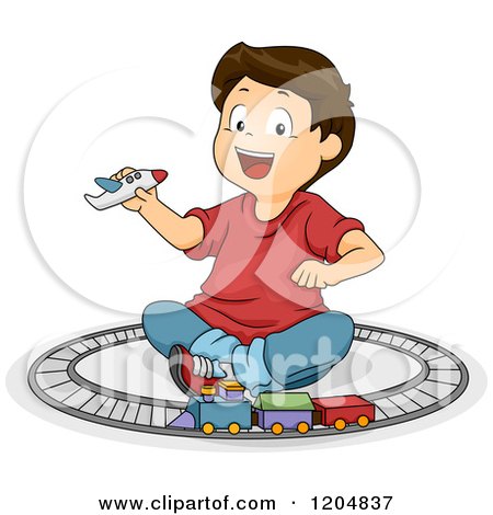 Cartoon of a Happy Brunette White Boy Playing with a Plane and Train Track - Royalty Free Vector Clipart by BNP Design Studio
