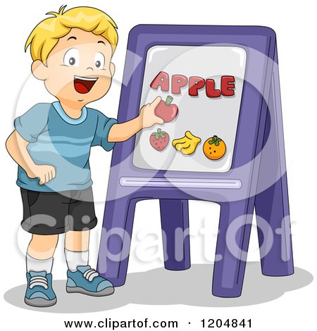 Cartoon of a Happy Blond School Boy Doing a Word Lesson - Royalty Free Vector Clipart by BNP Design Studio