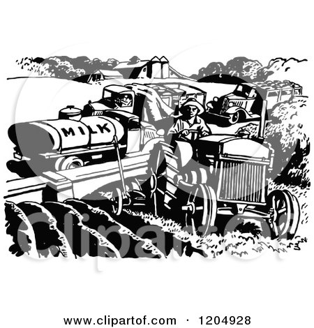 Clipart of Vintage Black and White Farm Vehicles - Royalty Free Vector Illustration by Prawny Vintage