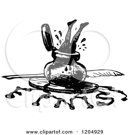 Clipart of a Vintage Black and White Man Jumping in Ink with a Spill Spelling Finis - Royalty Free Vector Illustration by Prawny Vintage