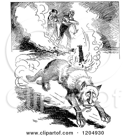 Clipart of a Vintage Black and White Cat Being Bombed - Royalty Free Vector Illustration by Prawny Vintage