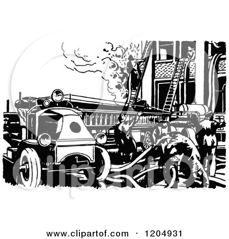 Clipart of a Vintage Black and White Fire Engine - Royalty Free Vector Illustration by Prawny Vintage
