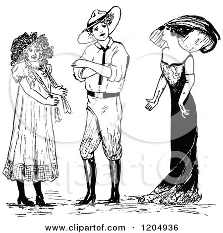 Clipart of a Vintage Black and White Man and Girls in Dresses - Royalty Free Vector Illustration by Prawny Vintage