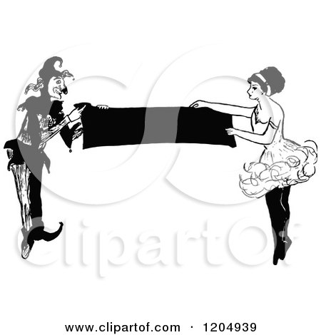 Clipart of a Vintage Black and White Jester and Actress Holding a Banner - Royalty Free Vector Illustration by Prawny Vintage