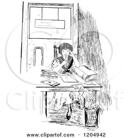Clipart of a Vintage Black and White Woman Studying - Royalty Free Vector Illustration by Prawny Vintage