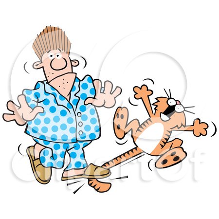 Cartoon of a Sleeping Man Stepping on a Cats Tail During a Catcident - Royalty Free Vector Clipart by Johnny Sajem