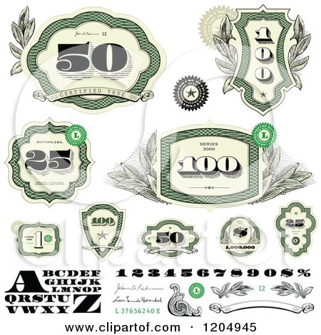 Clipart of Green Cash Money Number and Letter Design Elements - Royalty Free Vector Illustration by BestVector