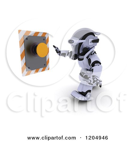 Clipart of a 3d Robot Reaching to Push an Orange Button - Royalty Free CGI Illustration by KJ Pargeter